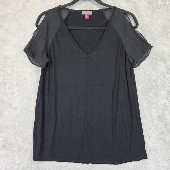 Vince Camuto Shirt Womens XS Black Cold Shoulder Sheer Sleeve V Neck Top - Picture 1 of 9